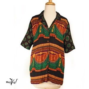 Vintage D Broadway Blouse Top Colorful Print Button Up Rayon Size XL - Hey Viv